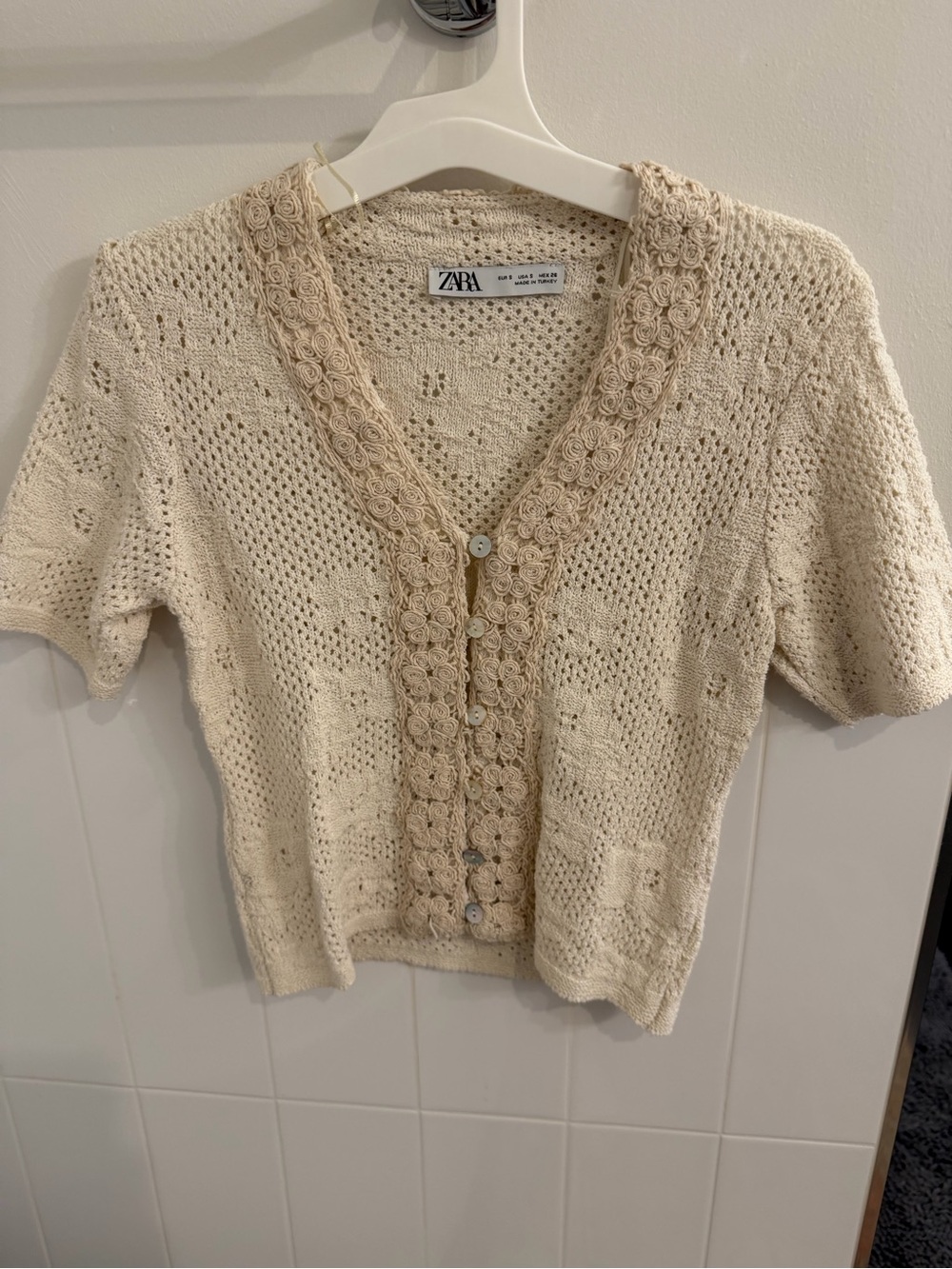 ZARA Cream Crochet-Trim Button Cardigan